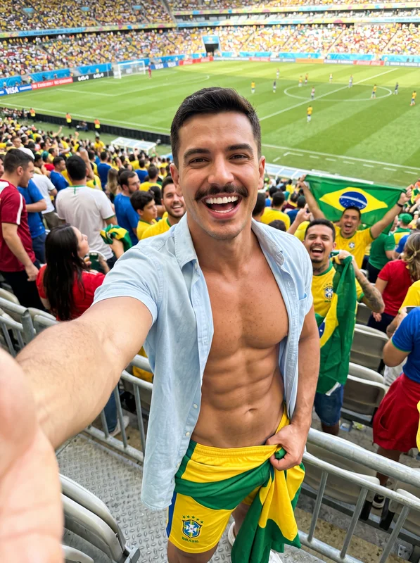 Man wearing Brazil football shorts taking a selfie in a crowded stadium